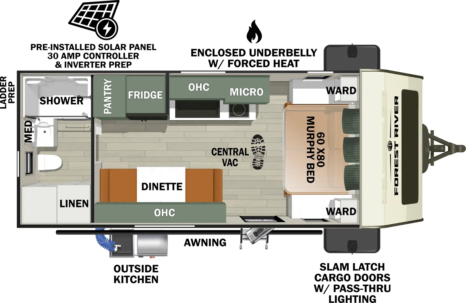 The No Boundaries NB19.2 floorplan has one entry and zero slide outs. Exterior features include: fiberglass exterior. Interiors features include: murphy bed and rear bathroom.